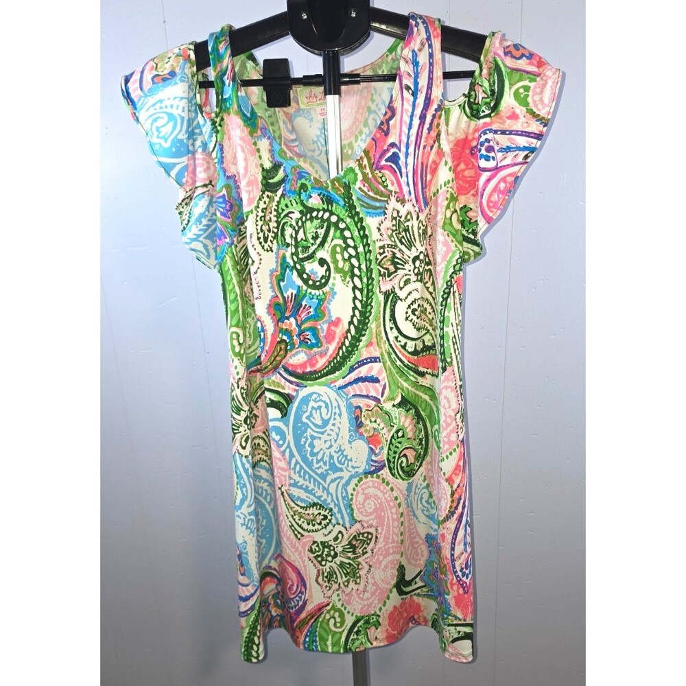 Ivy Lane Green Pink Dress Paisley Size Petite Small PS Open Shoulder Sleeve